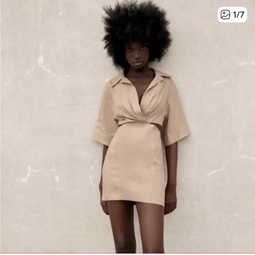 Zara Beige Pleated Short Sleeve Dress